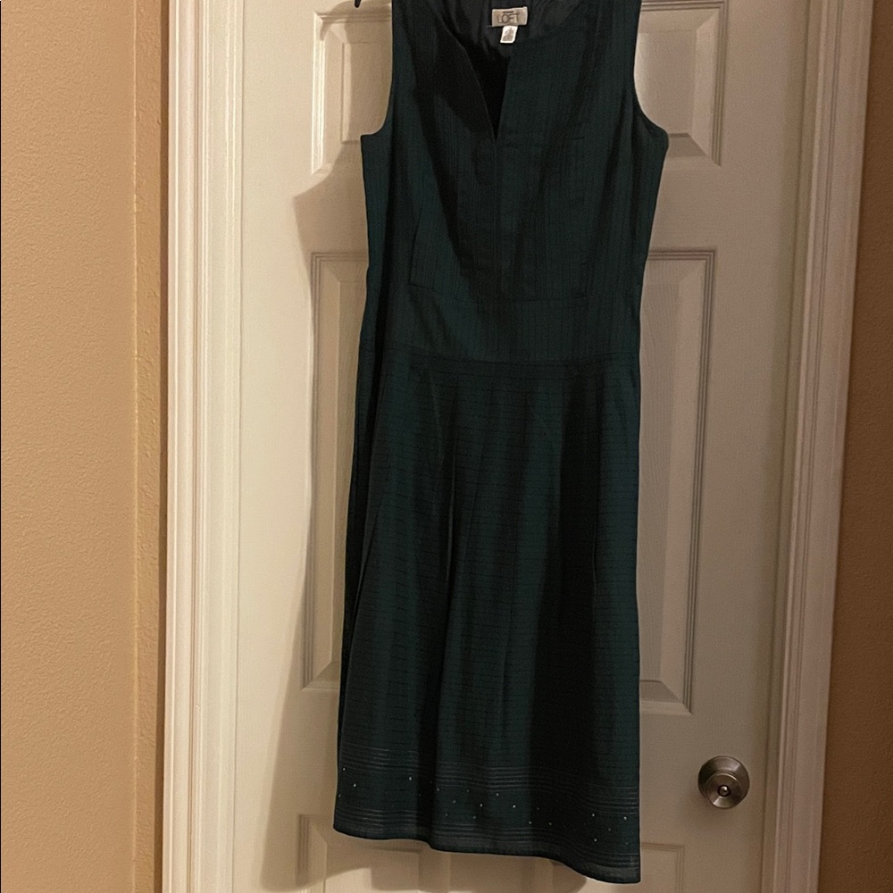 Clear out sale! LOFT Dark Green Sleeveless Midi Dress with pleats and stitching.